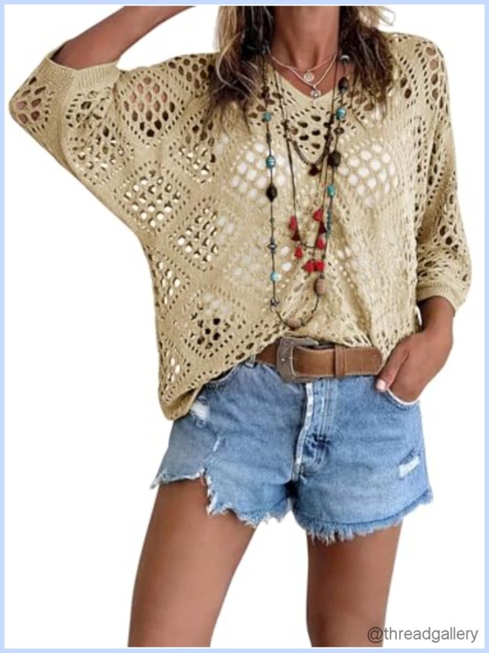 Womens Crochet Cover Up Top Short Sleeve V-Neck Boho Beach Swimsuit Coverup